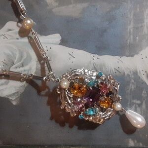 Vintage Fruit Salad Brooch Pendant On Pearl Beaded Chain c1940-50